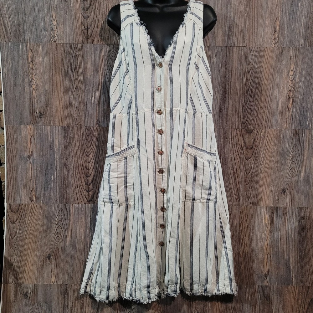 Maeve by Anthropologie Leslie Textured Stripe Dress 16 Button Front Linen Blend - Picture 1 of 12
